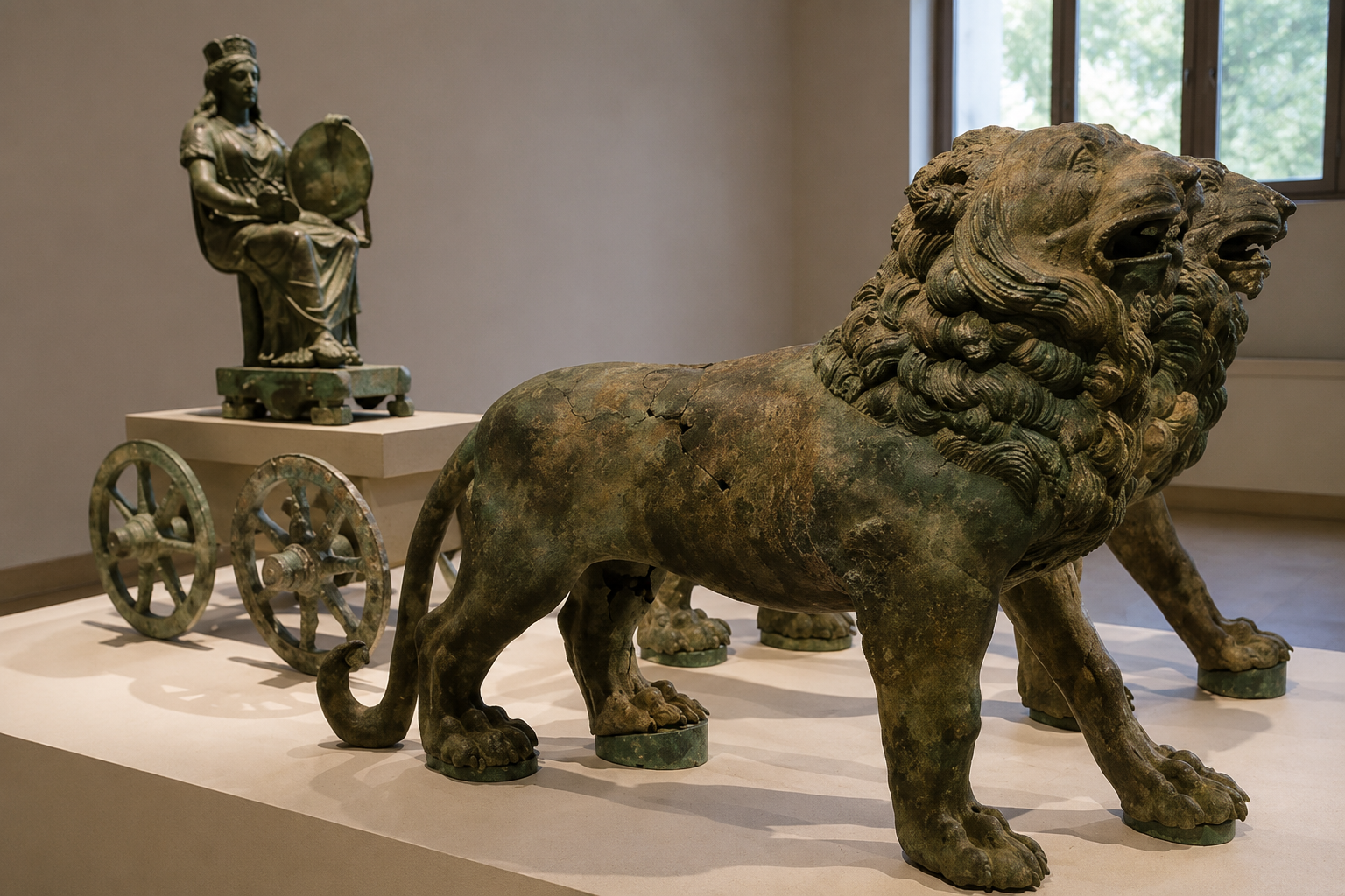 İki aslanın çektiği araba üzerinde oturan Kybele’yi gösteren Roma Dönemi bronz heykel grubu, MS 2. yüzyılın ikinci yarısı. The Metropolitan Museum of Art, New York.