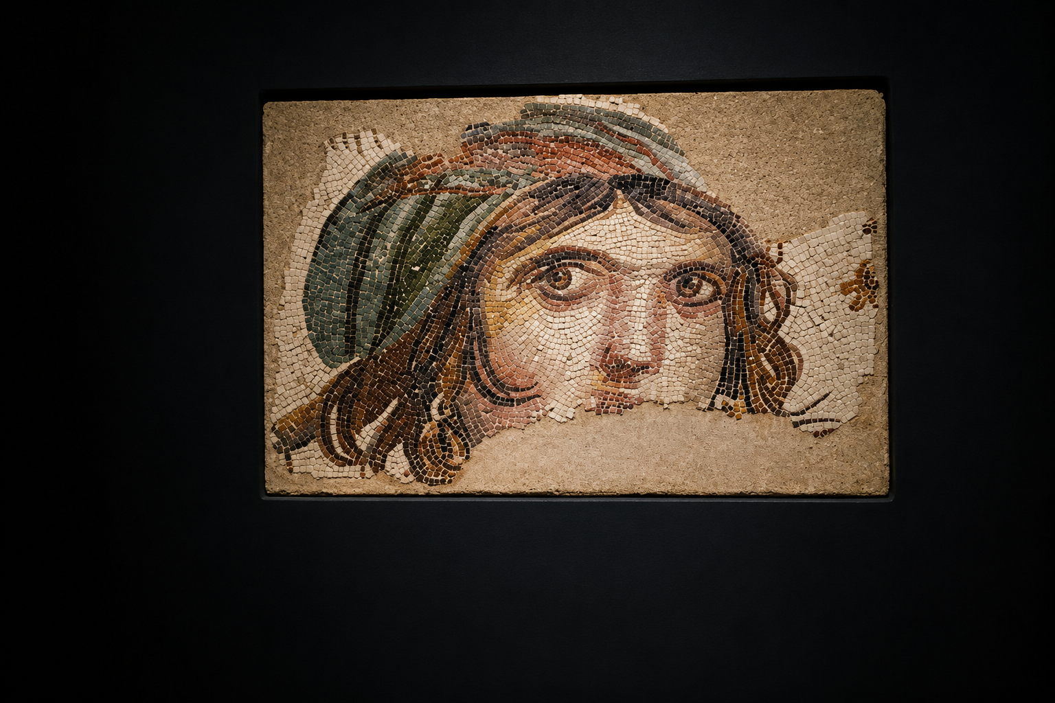Zeugma Antik Kenti’nde bulunan Çingene Kızı mozaiğinin günümüzde sergilenen görünümü