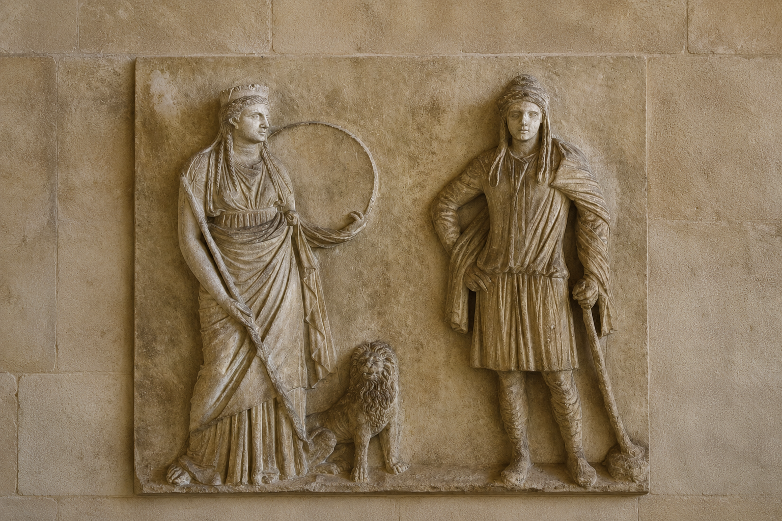 Kybele ve Attis’e adanmış kabartma, MÖ 2. yüzyıl. Solda elindeki tympanon ve yanında duran aslanla Kybele, sağda ise Frig giysileri içindeki Attis görülmektedir. Venedik Ulusal Arkeoloji Müzesi.