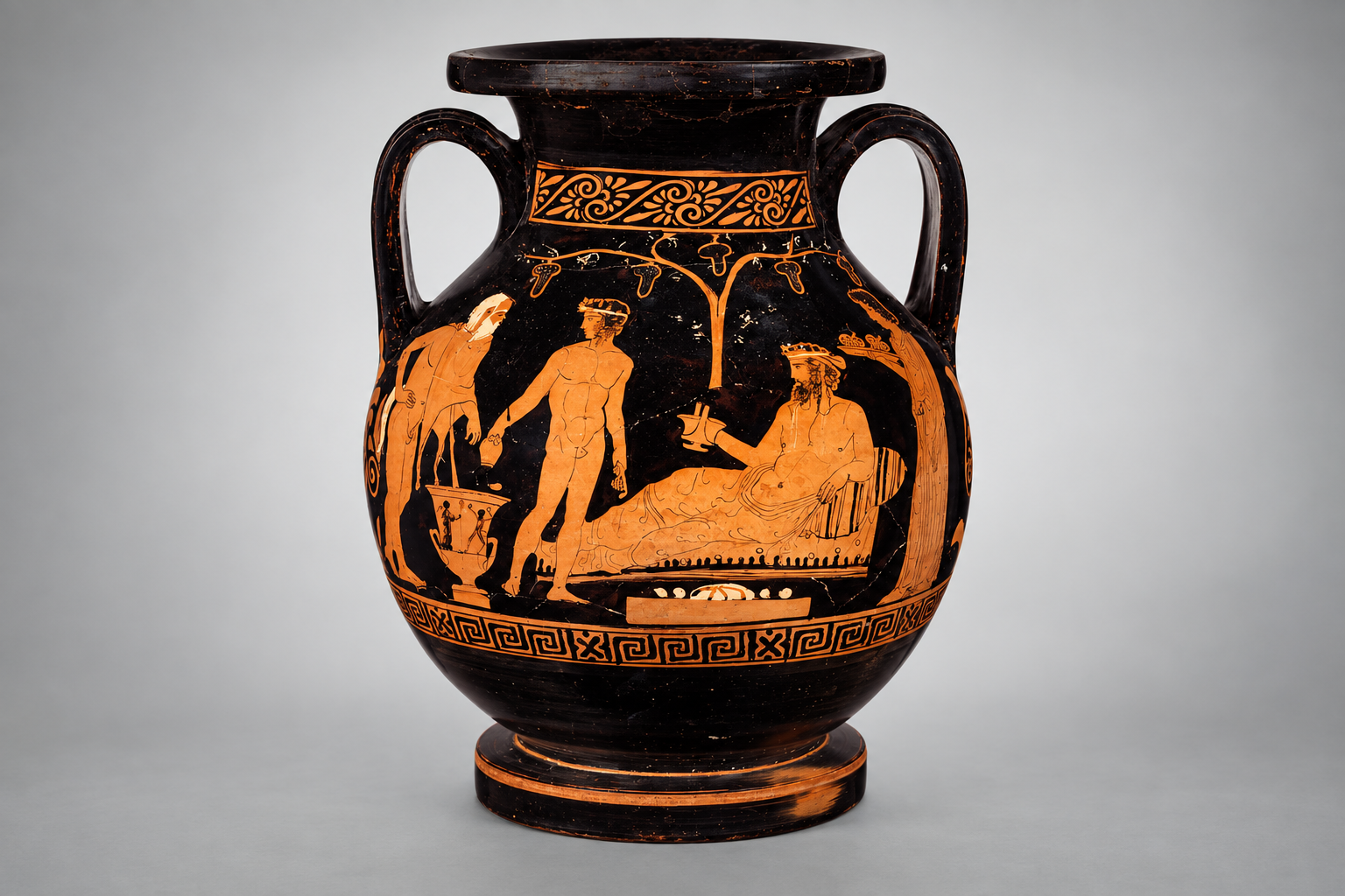 MÖ 420–410 yıllarına tarihlenen Attika kırmızı figürlü kap üzerinde şarap tanrısı Dionysos, üzüm yüklü bir asmanın önünde tasvir edilmiştir. Sahnenin sağ tarafında ise sepet içinde üzüm taşıyan bir kadın görülür.